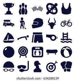 Sport icons set. set of 25 sport filled icons such as bull, floor scales, sailboat, bicycle, target, golf player, finish flag, swimming hat and glasses, helmet, bowling