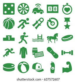 Sport icons set. set of 25 sport filled icons such as horse, barbell, dice, baseball cap, jacket, water bottle, running, pool, stopwatch, basketball, hockey puck, muscular arm