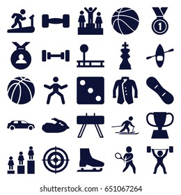 Sport icons set. set of 25 sport filled icons such as barbell, dice, jacket, medal, ranking, basketball, car, skiing, tennis playing, trophy, snow board, jet ski, power lifter