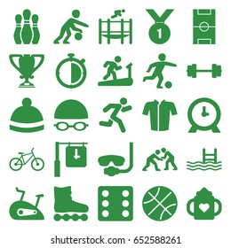Sport icons set. set of 25 sport filled icons such as baby bottle, dice, jacket, winter hat, clock, pool, trampoline, running, football pitch, trophy, exercise bike