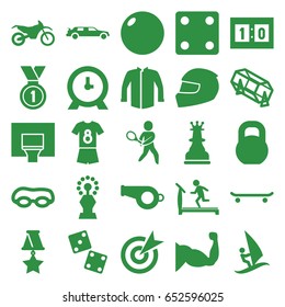Sport icons set. set of 25 sport filled icons such as treadmill, dice, lottery, car, jacket, clock, muscle, barbell, tennis playing, medal, basketball basket, sport score