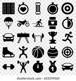 Sport icons set. set of 25 sport filled icons such as field, car, squat, stopwatch, basketball, skiing, motorbike, power lifter, barbell   isolated, target, parachute