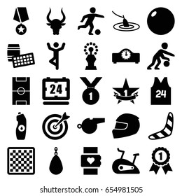 Sport icons set. set of 25 sport filled icons such as bull, boomerang, water bottle, football pitch, 1st place star, sport t shirt number 24, exercise bike, helmet, whistle