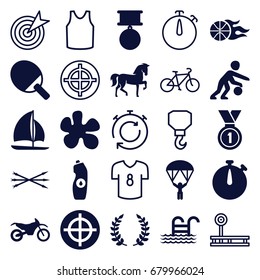 Sport icons set. set of 25 sport filled and outline icons such as horse, water bottle, medal, basketball, olive branch, sailboat, motorbike, basketball player, pool ladder