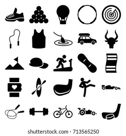 Sport icons set. set of 25 sport filled icons such as bull, jump rope, singlet, skipping rope, hockey stick and puck, snow board, bicycle, sport car, trainers, rowing