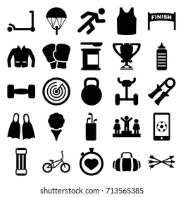 Sport icons set. set of 25 sport filled icons such as kick scooter, singlet, jacket, ranking, stopwatch, running, barbell, kettle, trophy, football on phone, bicycle, flippers