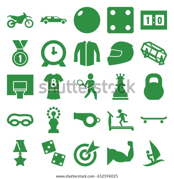 Sport icons set.\
set of 25 sport filled icons such as treadmill, dice, lottery, car,\
jacket, clock, muscle, barbell, tennis playing, medal, basketball\
basket, sport score
