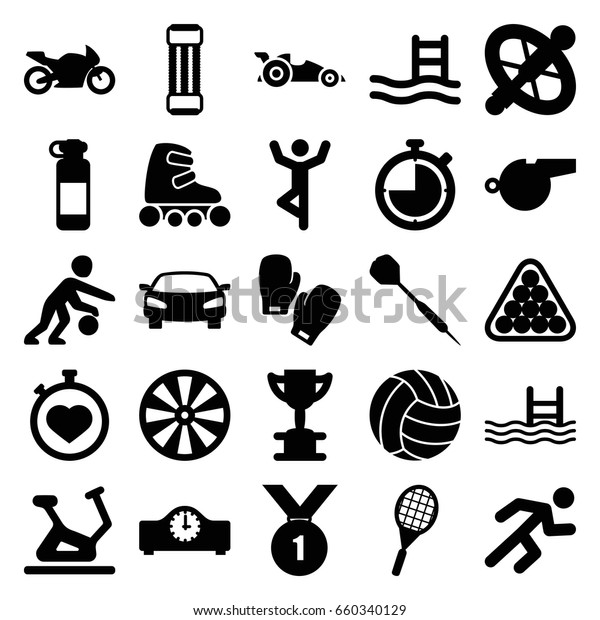 Sport icons set. set of\
25 sport filled icons such as exercise bike, billiards, pool,\
stopwatch, running, car, tennis rocket, skate rollers, whistle,\
dart, motorbike