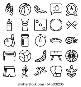 Sport icons set. set of 25 sport outline icons such as boomerang, dice, clock, abdoninal workout, basketball, car, beach ball, stopwatch, baseball player, football ball