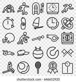 Sport icons set. set of 25 sport outline icons such as water bottle, push up, car, clock, stopwatch, tennis rocket, windsurfing, running, football player, basketball player