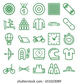 Sport icons set. set of 25 sport outline icons such as treadmill, car, jacket, stopwatch, flippers, clock, arrow bow, ranking, skate board, snow board, motorbike