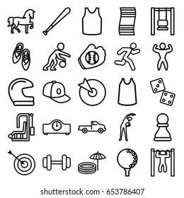 Sport icons set. set of 25 sport outline icons such as horse, car, exercising, target, singlet, baseball cap, barbell, bar   tightening, running, inflatable pool and umbrella