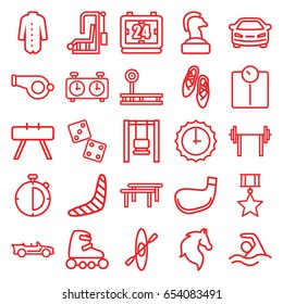 Sport icons set. set of 25 sport outline icons such as horse, boomerang, jacket, car, cabriolet, sundial, clock, stopwatch, swimming, ballet shoes, skate rollers, rowing