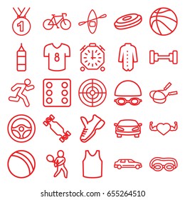Sport icons set. set of 25 sport outline icons such as ball, barbell, jump rope, dice, singlet, jacket, heart with muscles, car, running, rowing boat, stopwatch