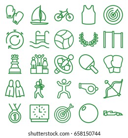 Sport icons set. set of 25 sport outline icons such as singlet, squat, bow, swimming pool, chess king, flippers, beach ball, clock, stopwatch, target, baseball player, medal