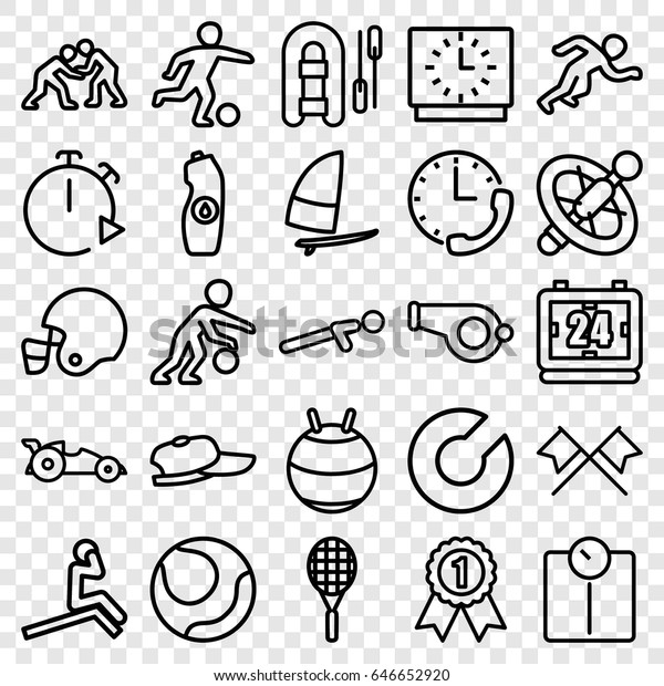 Sport icons set. set\
of 25 sport outline icons such as water bottle, push up, car,\
clock, stopwatch, tennis rocket, windsurfing, running, football\
player, basketball\
player