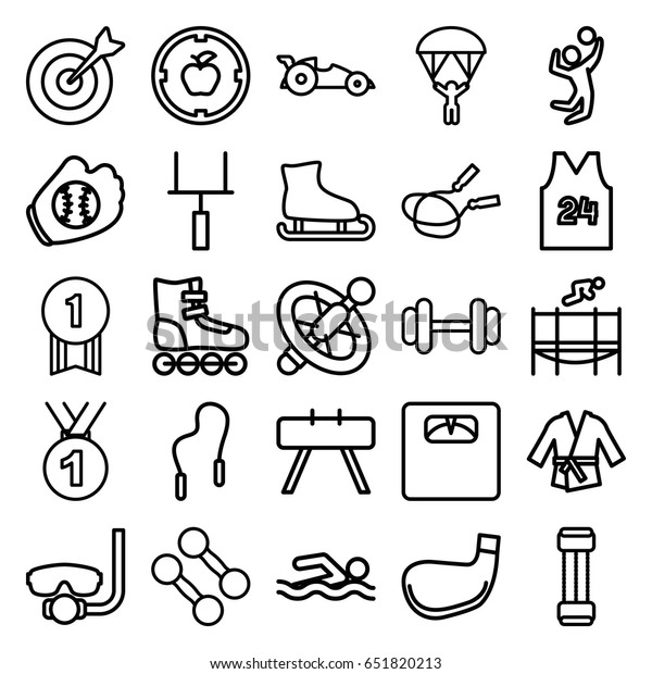 Sport icons set. set of 25\
sport outline icons such as jump rope, floor scales, barbell,\
trampoline, target, car, man with parachute, volleyball player,\
goal post