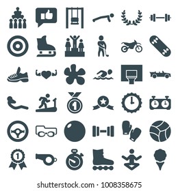 Sport icons. set of 36 editable filled sport icons such as bowling, paintball, golf, swing, bowling ball, roller skate, man doing exercises, man on treadmill, yoga, whistle