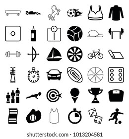 Sport icons. set of 36 editable filled and outline sport icons such as sweater, car, sailboat, bow, golf, dart, barbell, fitness carpet, football ball, football player