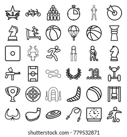 Sport icons. set of 36 editable outline sport icons such as ball, boomerang, bra, treadmill, dice, bowling, paintball, parachute, hockey puck, swing, family bicycle, target