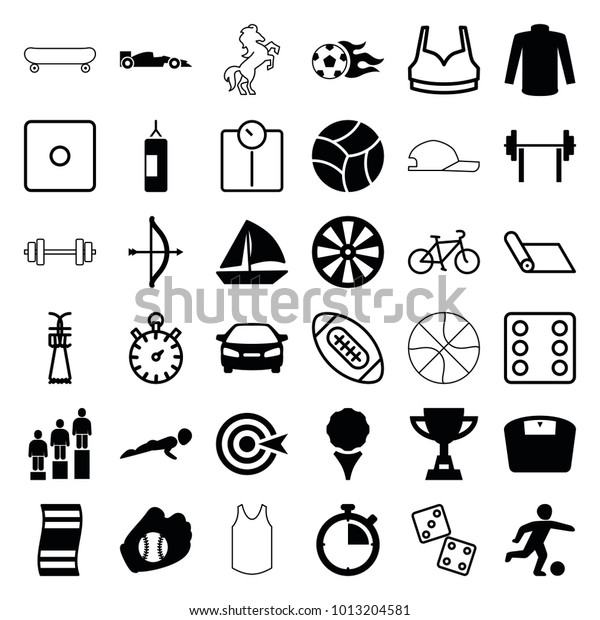 Sport icons. set of 36\
editable filled and outline sport icons such as sweater, car,\
sailboat, bow, golf, dart, barbell, fitness carpet, football ball,\
football player