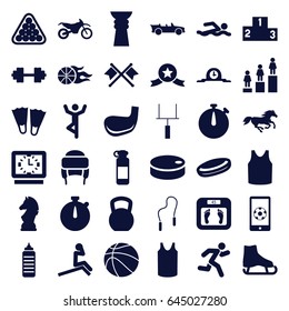 Sport icons set. set of 36 sport filled icons such as horse, floor scales, billiards, singlet, winter hat, ranking, cabriolet, running, basketball, football on phone