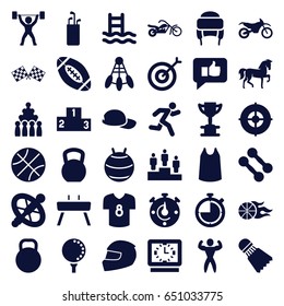 Sport icons set. set of 36 sport filled icons such as horse, singlet, winter hat, running, bodybuilder, finish flag, basketball, kettle, ranking, gymnastic apparatus