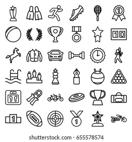 Sport icons set. set of 36 sport outline icons such as barbell, floor scales, billiards, jacket, car, running, swimming pool, flippers, motorcycle, sundial, medal