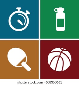 Sport icons set. set of 4 sport filled icons such as stopwatch, basketball, bottle for fitness