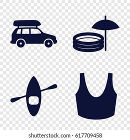 Sport icons set. set of 4 sport filled icons such as sport bra, inflatable pool and umbrella, rowing boat