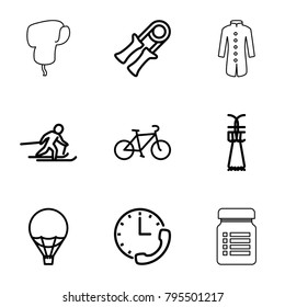 Sport icons. set of 9 editable outline sport icons such as sport expander, skiing, shuttlecock, air balloon, bicycle, stopwatch, winter hat, jacket