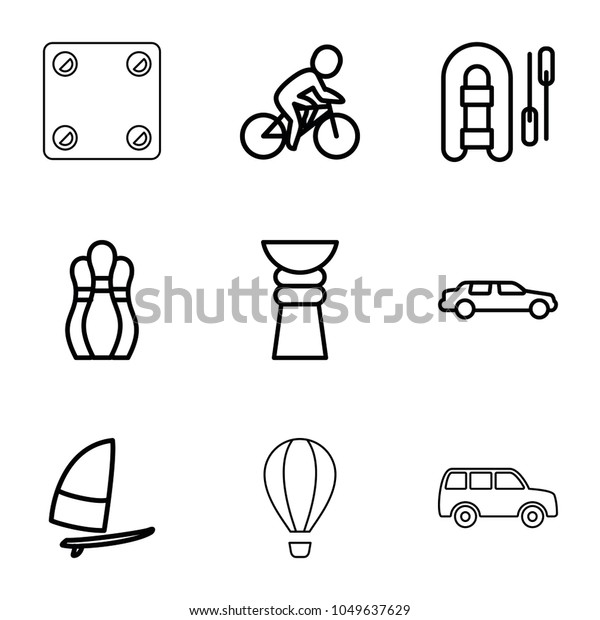 Sport icons. set of 9 editable outline sport icons\
such as car, inflatable boat, bicycle, windsurfing, bowling,\
trophy, dice