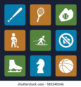 Sport icons set. Set of 9 Sport filled icons such as skiing, golf player, no fast food, tennis rocket, chess horse, baseball glove, ice skate, baseball bat