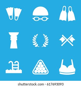 Sport icons set. set of 9 sport filled icons such as billiards, sport bra, swimming pool, olive branch, swimming hat and glasses, flippers, trophy