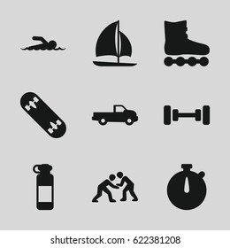 Sport icons set. set of 9 sport filled icons such as car, barbell, sailboat, skate board, judo, swimmer, stopwatch, bottle for fitness