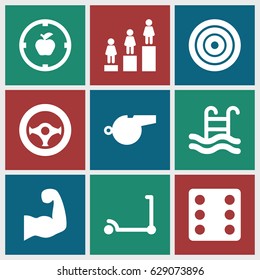 Sport icons set. set of 9 sport filled icons such as kick scooter, Dice, ranking, swimming pool, steering wheel, muscular arm, whistle, apple target