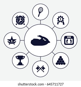 Sport icons set. set of 9 sport filled icons such as floor scales, 1st place star, tennis rocket, jet ski, stopwatch, trophy, number 1 medal, crossed flags