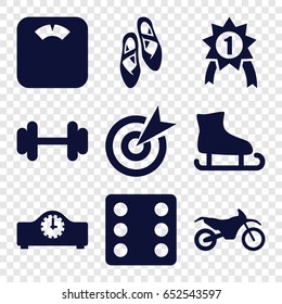 Sport icons set. set of 9 sport filled icons such as dice, barbell, ballet shoes, motorbike, clock, number 1 medal, target, floor scales