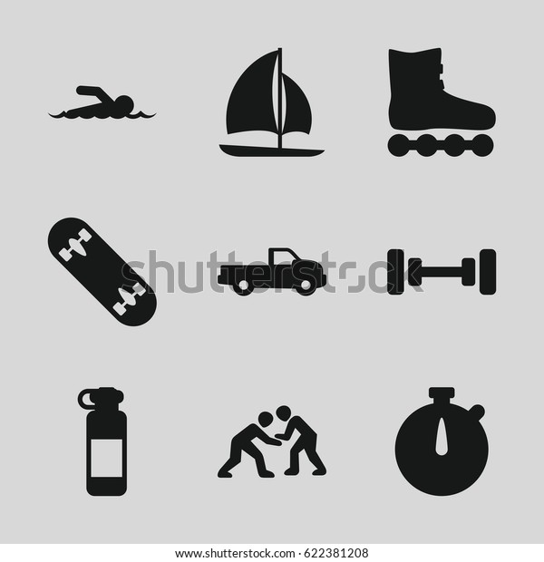 Sport icons set. set of 9 sport filled icons such\
as car, barbell, sailboat, skate board, judo, swimmer, stopwatch,\
bottle for fitness