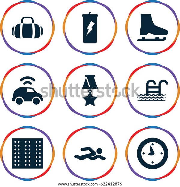Sport icons set. set of 9 sport filled icons such as\
field, sport bag, ice skate, pool ladder, car, clock, medal,\
swimming man