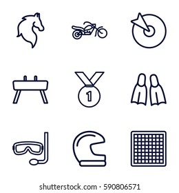 sport icons set. Set of 9 sport outline icons such as horse, flippers, aqualung, motorcycle, gymnastic apparatus, number 1 medal, chess board, helmet