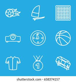 Sport icons set. set of 9 sport outline icons such as lottery, jacket, clock, football ball, windsurfing, basketball, medal