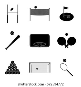 Sport icons set black silhouette. Snooker and baseball, tennis and billiard, vector illustration