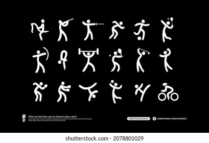 Sport icons set, Sport club logotype concept. Run, Football, Badminton, Tennis, Golf, Cycling, Volleyball, Basketball, Taekwondo, Boxing, Table tennis, Fencing, Archery, Equestrian, Shooting