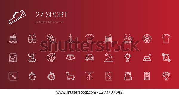sport icons
set. Collection of sport with backpack, air hockey, hook, horse,
stopwatch, dice, trophy, mountain, car, shorts, target, surfboard.
Editable and scalable sport
icons.