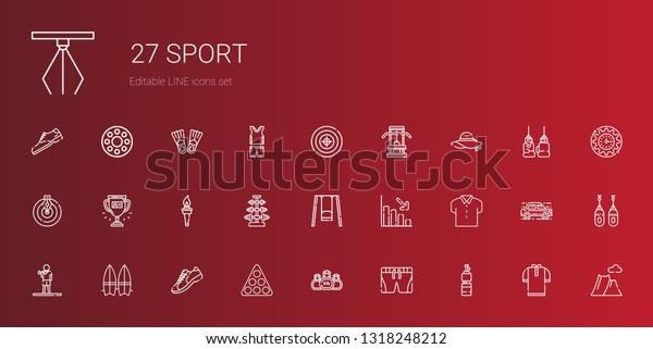 sport icons\
set. Collection of sport with bottle, shorts, kettlebell, pool,\
sneakers, surfboard, exercise, shirt, loss, swing, dumbbell, torch.\
Editable and scalable sport\
icons.