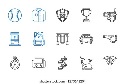 sport icons set. Collection of sport with fan, stationary bike, shoes, video games, stopclock, whistle, car, jumping rope, backpack, well, dive. Editable and scalable sport icons.