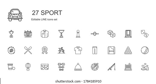 sport icons set. Collection of sport with fishing rod, wheel, winter hat, dumbbell, boxers, hot air balloon, beer pong, toga, trousers, shirt. Editable and scalable sport icons.