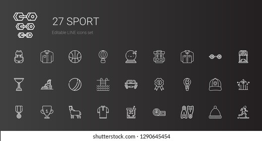 sport icons set. Collection of sport with flippers, boxing, carpet, shirt, horse, trophy, medal, hot air balloon, car, swimming pool, ball. Editable and scalable sport icons.