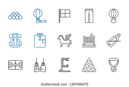sport icons set. Collection of sport with medal, pool, gym station, boxing glove, football field, bottle, volley, pegasus, shirt, backpack. Editable and scalable sport icons.